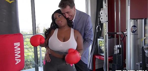  Gym fuck with ebony beauty Ms Yummy makes him cum all over her big tits